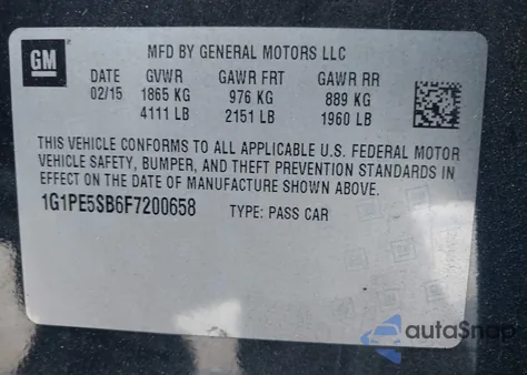 2015 Chevrolet Cruze 2Lt Auto z USA, uszkodzony, nr VIN 1G1PE5SB6F7200658